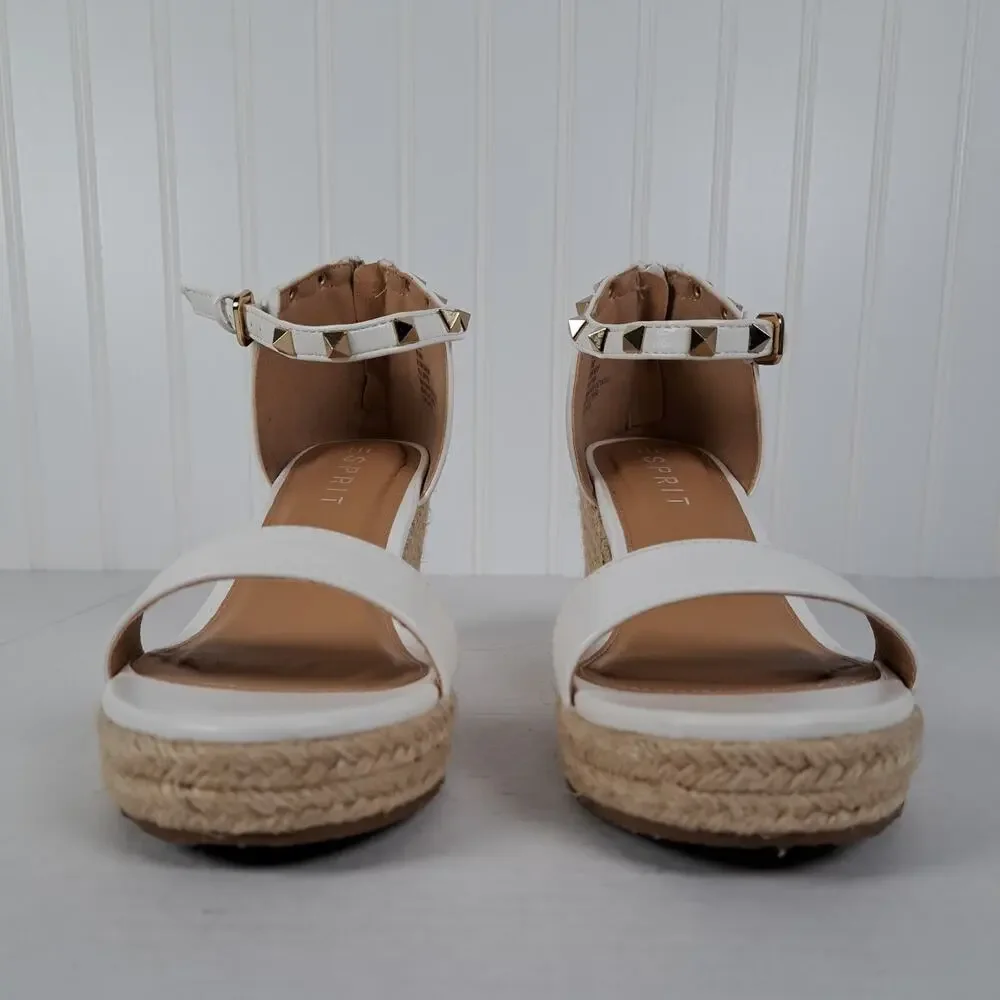 Esprit Espadrille Wedge Sandals White Studded Ankle Strap Back Zipper Womens 8.5